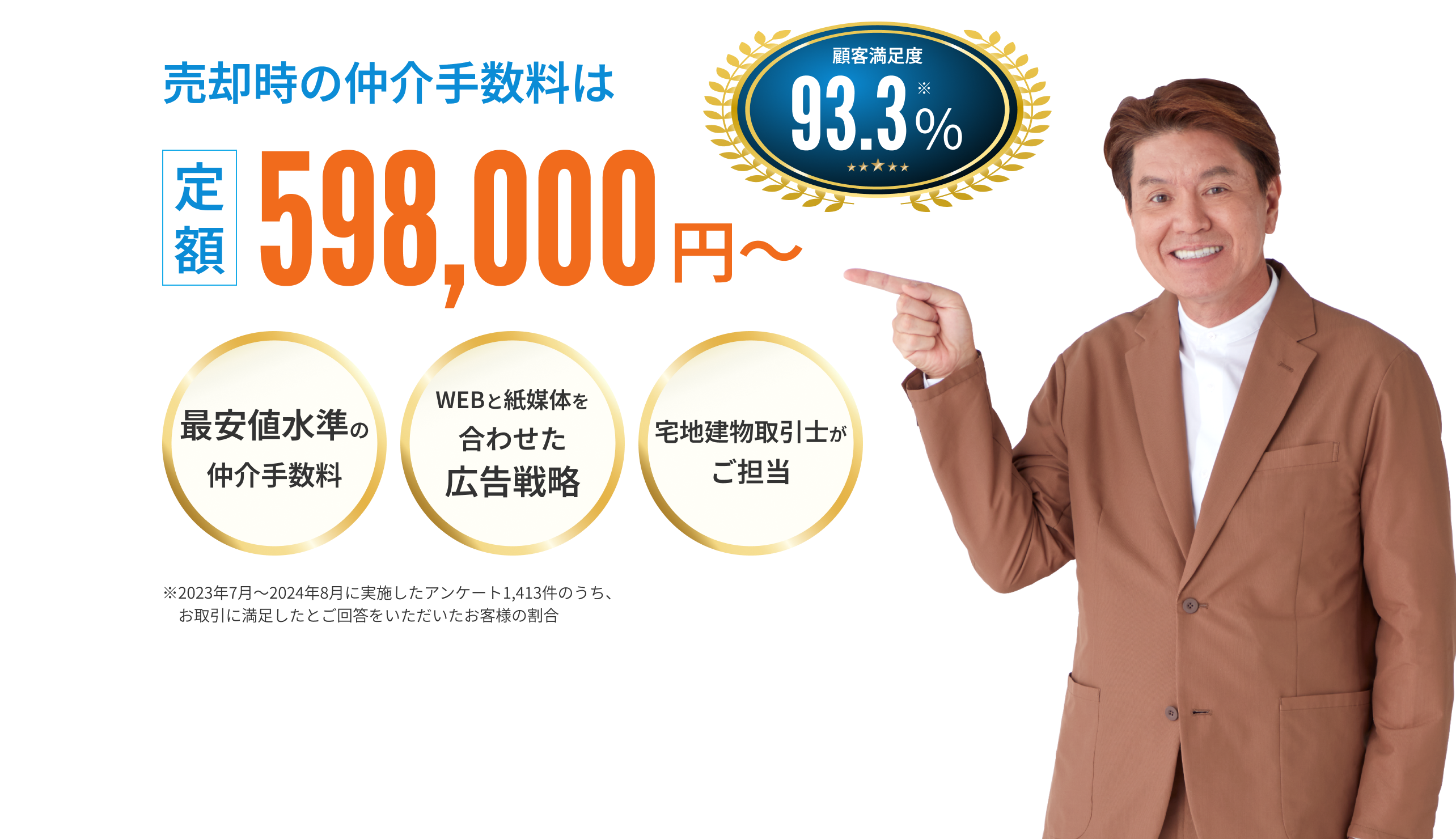 売却時の仲介手数料は定額598000円～最安値水準の仲介手数料、WEBと紙媒体を合わせた広告戦略、宅地建物取引士がご担当　PC用